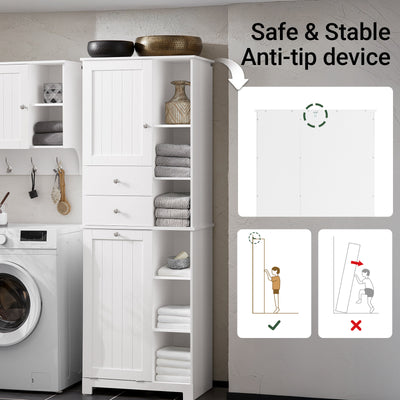 SoBuy BZR104-W, Tall Bathroom Storage Cabinet with Laundry Basket Slim Freestanding Bathroom Unit, Narrow Storage Cupboard with Shelves, Bathroom Towel Storage, White 60x37x171 cm