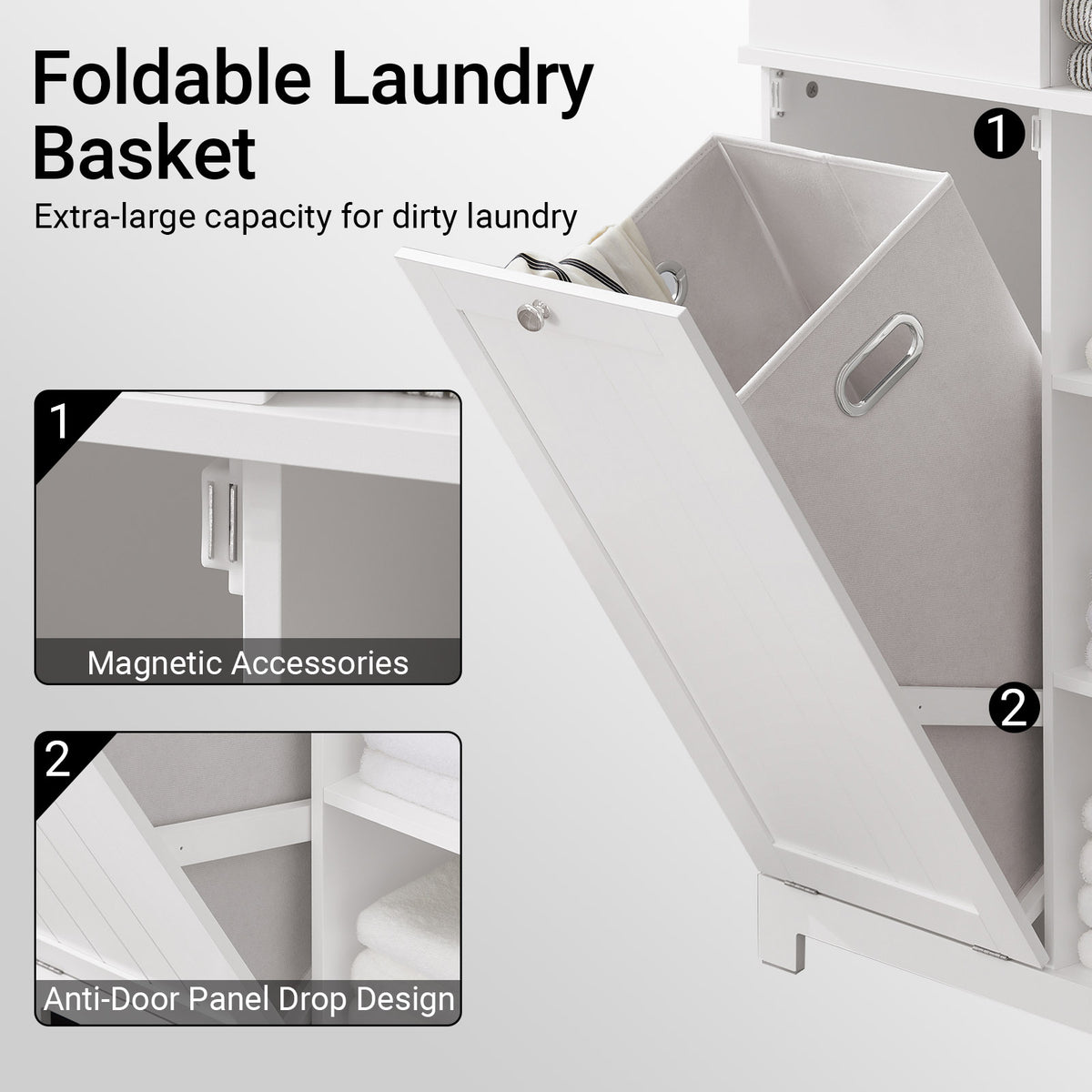 SoBuy BZR104-W, Tall Bathroom Storage Cabinet with Laundry Basket Slim Freestanding Bathroom Unit, Narrow Storage Cupboard with Shelves, Bathroom Towel Storage, White 60x37x171 cm