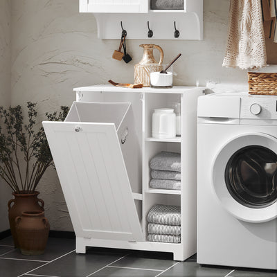 SoBuy BZR105-W, Laundry Cabinet Chest Bathroom Storage Cabinet with Laundry Basket, White