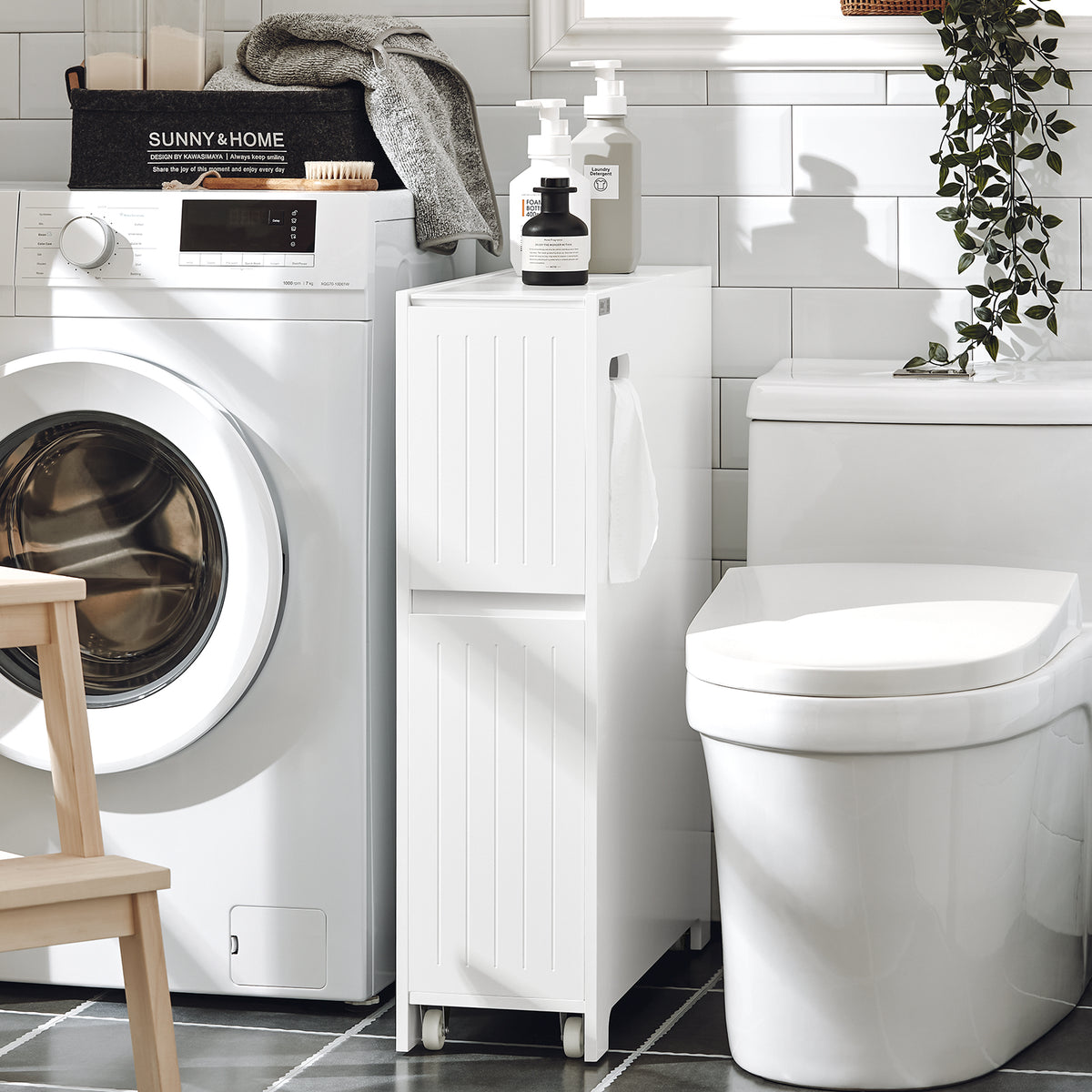 SoBuy BZR111-W, Narrow Bathroom Cabinet Storage Cabinet Toilet Paper Roll Holder, White
