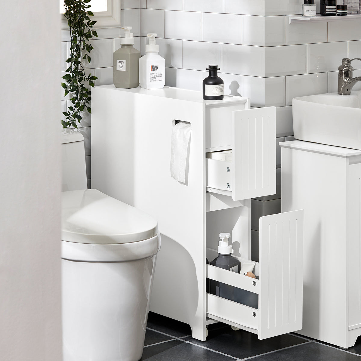 SoBuy BZR111-W, Narrow Bathroom Cabinet Storage Cabinet Toilet Paper Roll Holder, White