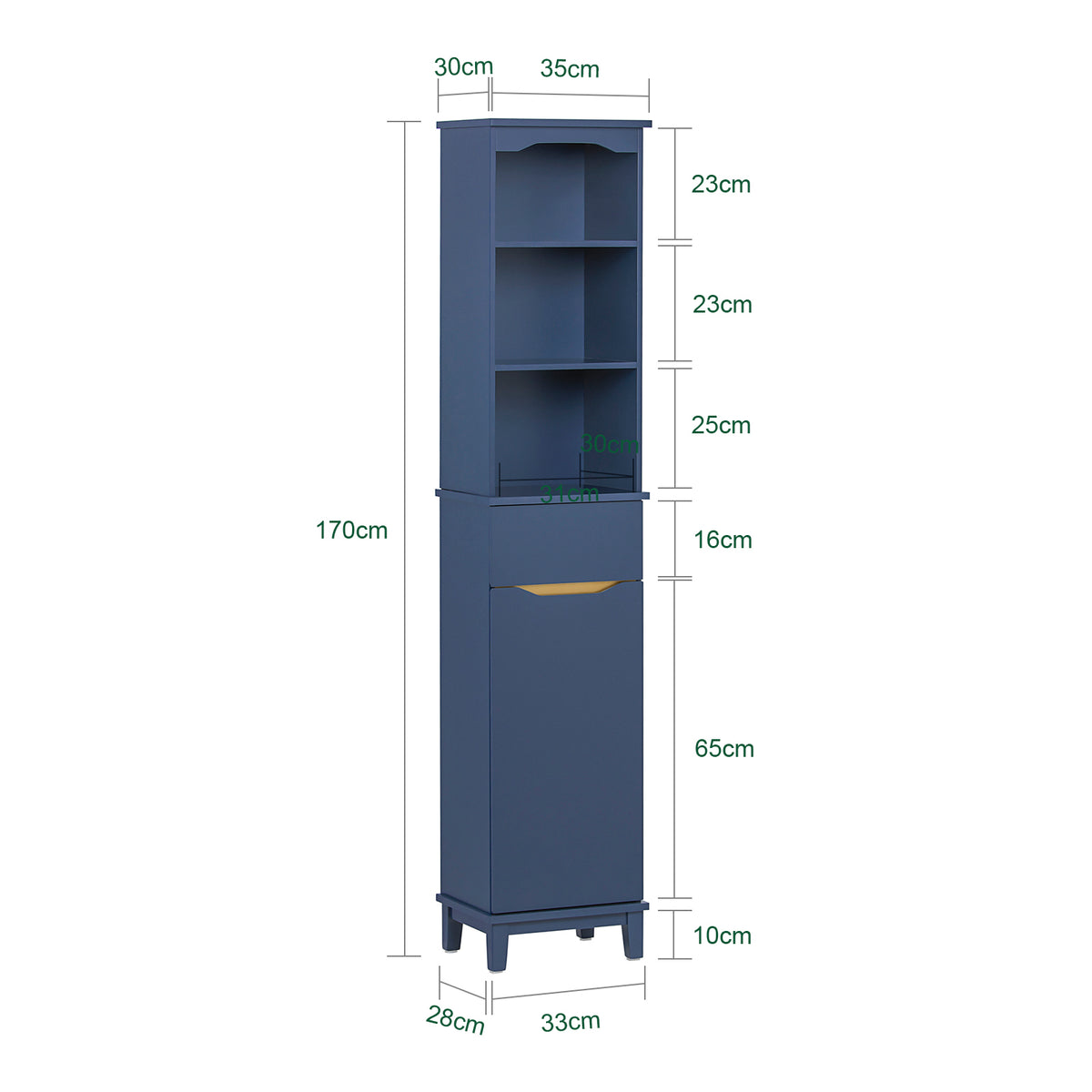 SoBuy BZR112-B, Bathroom Storage Cabinet Tall Slim Freestanding Unit with 3 Open Shelves and Drawer Narrow Bathroom Storage for Small Spaces Blue 35 x 30 x 170 cm