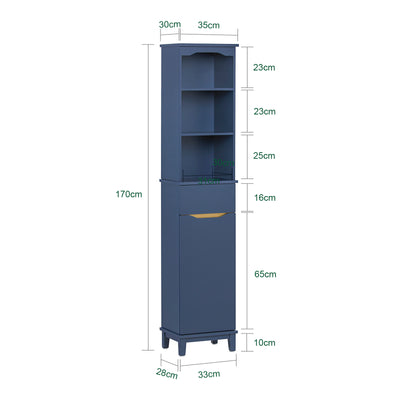 SoBuy BZR112-B, Bathroom Storage Cabinet Tall Slim Freestanding Unit with 3 Open Shelves and Drawer Narrow Bathroom Storage for Small Spaces Blue 35 x 30 x 170 cm