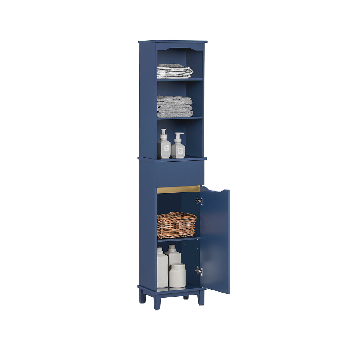 SoBuy BZR112-B, Bathroom Storage Cabinet Tall Slim Freestanding Unit with 3 Open Shelves and Drawer Narrow Bathroom Storage for Small Spaces Blue 35 x 30 x 170 cm