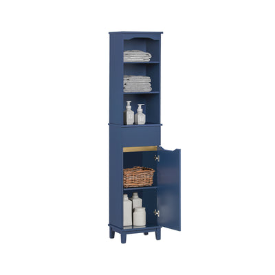 SoBuy BZR112-B, Bathroom Storage Cabinet Tall Slim Freestanding Unit with 3 Open Shelves and Drawer Narrow Bathroom Storage for Small Spaces Blue 35 x 30 x 170 cm