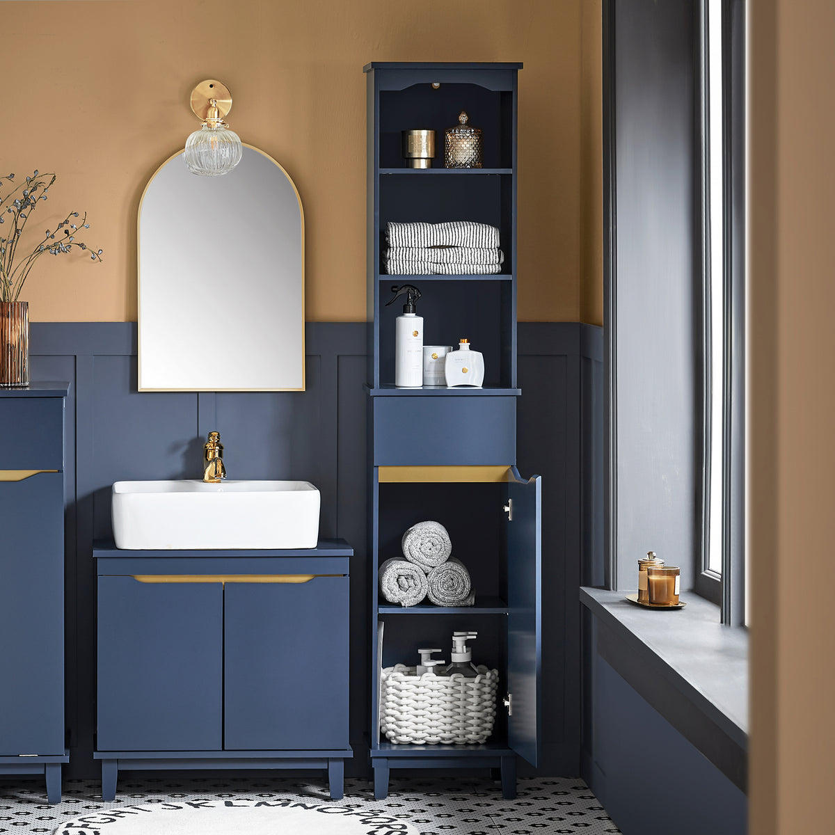 SoBuy BZR112-B, Bathroom Storage Cabinet Tall Slim Freestanding Unit with 3 Open Shelves and Drawer Narrow Bathroom Storage for Small Spaces Blue 35 x 30 x 170 cm