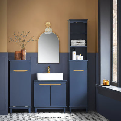 SoBuy BZR112-B, Bathroom Storage Cabinet Tall Slim Freestanding Unit with 3 Open Shelves and Drawer Narrow Bathroom Storage for Small Spaces Blue 35 x 30 x 170 cm