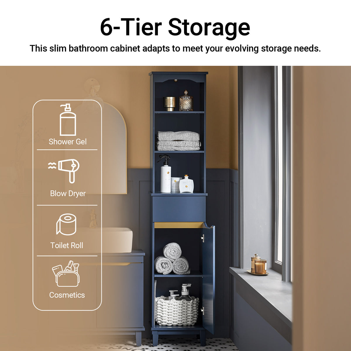 SoBuy BZR112-B, Bathroom Storage Cabinet Tall Slim Freestanding Unit with 3 Open Shelves and Drawer Narrow Bathroom Storage for Small Spaces Blue 35 x 30 x 170 cm