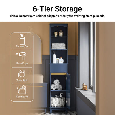 SoBuy BZR112-B, Bathroom Storage Cabinet Tall Slim Freestanding Unit with 3 Open Shelves and Drawer Narrow Bathroom Storage for Small Spaces Blue 35 x 30 x 170 cm
