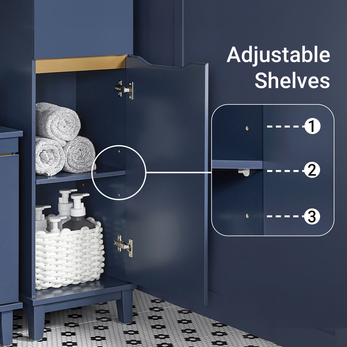 SoBuy BZR112-B, Bathroom Storage Cabinet Tall Slim Freestanding Unit with 3 Open Shelves and Drawer Narrow Bathroom Storage for Small Spaces Blue 35 x 30 x 170 cm