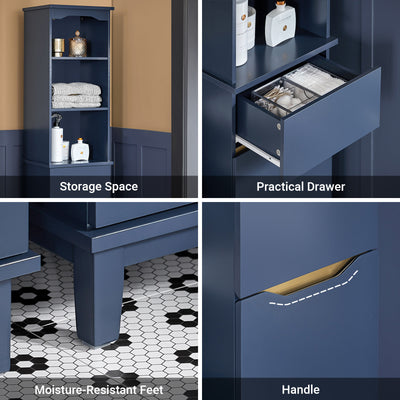 SoBuy BZR112-B, Bathroom Storage Cabinet Tall Slim Freestanding Unit with 3 Open Shelves and Drawer Narrow Bathroom Storage for Small Spaces Blue 35 x 30 x 170 cm