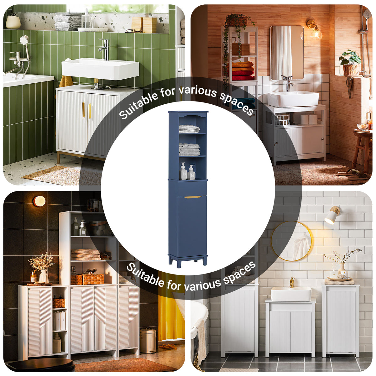 SoBuy BZR112-B, Bathroom Storage Cabinet Tall Slim Freestanding Unit with 3 Open Shelves and Drawer Narrow Bathroom Storage for Small Spaces Blue 35 x 30 x 170 cm