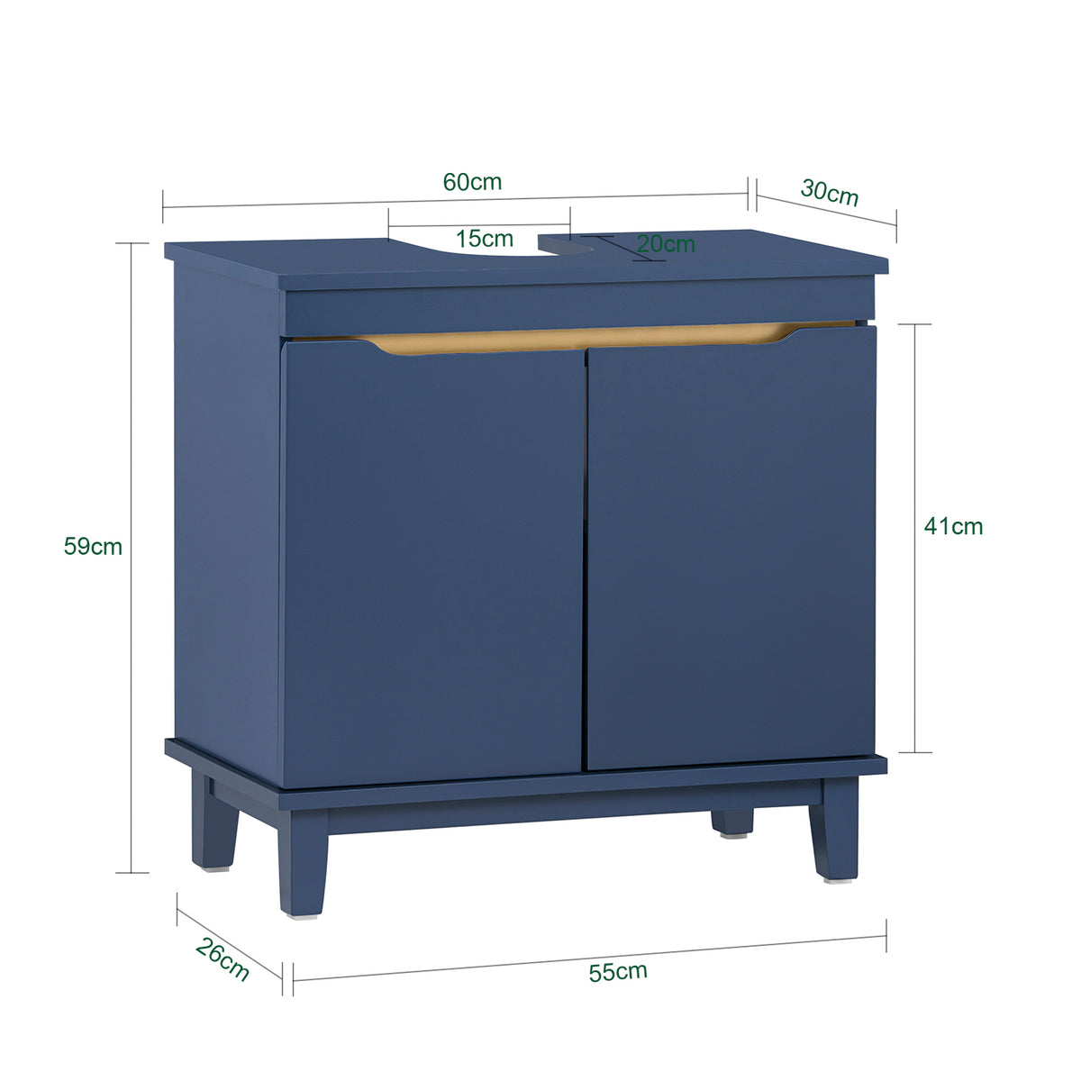 SoBuy BZR113-B, Under Sink Bathroom Cabinet – Bathroom Cupboard with Doors, Slim Storage Unit for Small Spaces in Wood, Blue, 60 x 59 x 30 cm