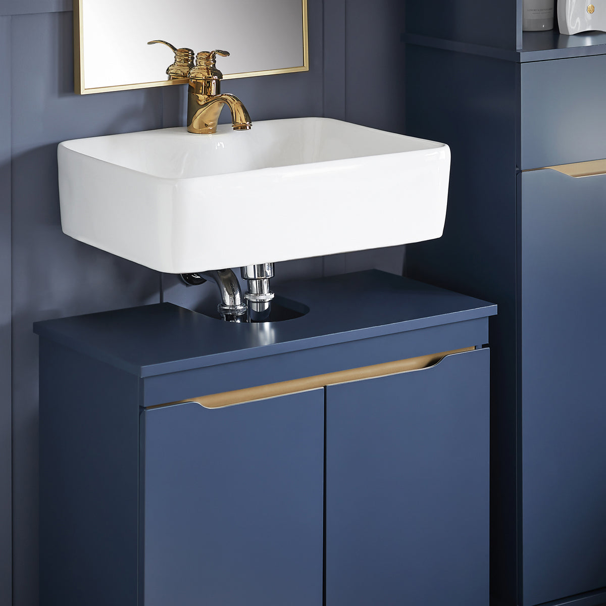 SoBuy BZR113-B, Under Sink Bathroom Cabinet – Bathroom Cupboard with Doors, Slim Storage Unit for Small Spaces in Wood, Blue, 60 x 59 x 30 cm