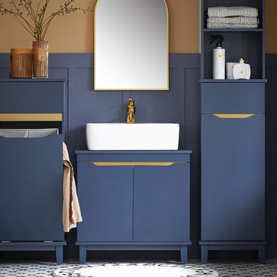 SoBuy BZR113-B, Under Sink Bathroom Cabinet – Bathroom Cupboard with Doors, Slim Storage Unit for Small Spaces in Wood, Blue, 60 x 59 x 30 cm
