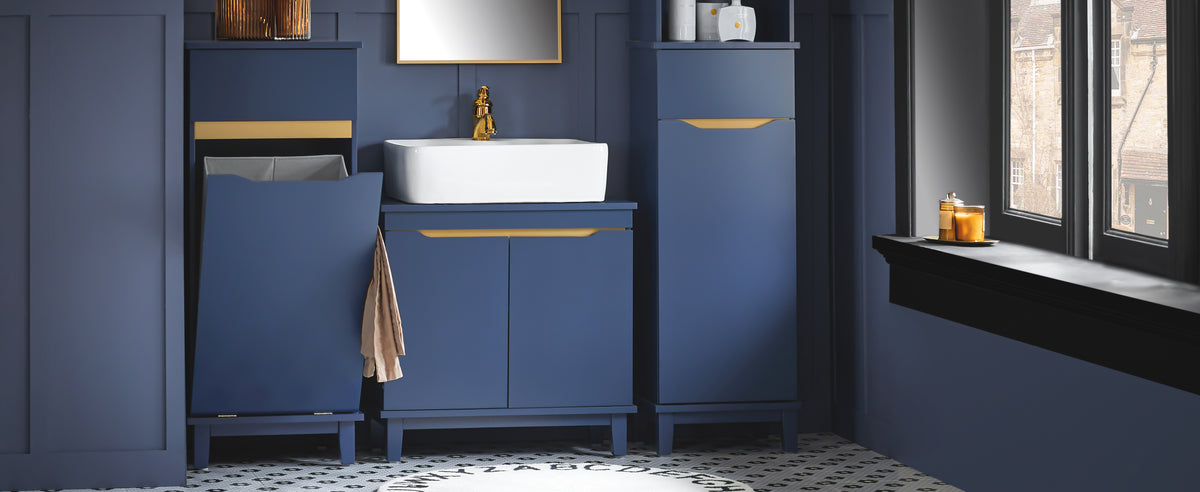 SoBuy BZR113-B, Under Sink Bathroom Cabinet – Bathroom Cupboard with Doors, Slim Storage Unit for Small Spaces in Wood, Blue, 60 x 59 x 30 cm