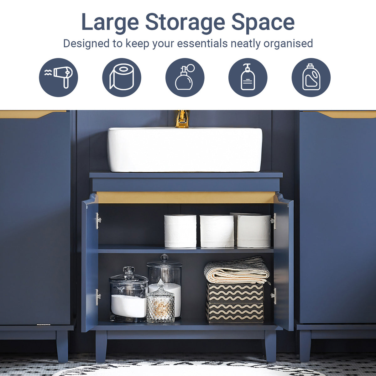 SoBuy BZR113-B, Under Sink Bathroom Cabinet – Bathroom Cupboard with Doors, Slim Storage Unit for Small Spaces in Wood, Blue, 60 x 59 x 30 cm