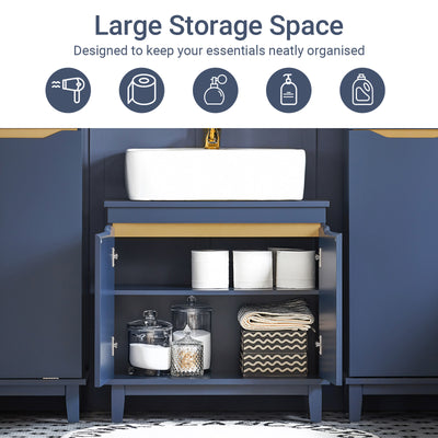 SoBuy BZR113-B, Under Sink Bathroom Cabinet – Bathroom Cupboard with Doors, Slim Storage Unit for Small Spaces in Wood, Blue, 60 x 59 x 30 cm
