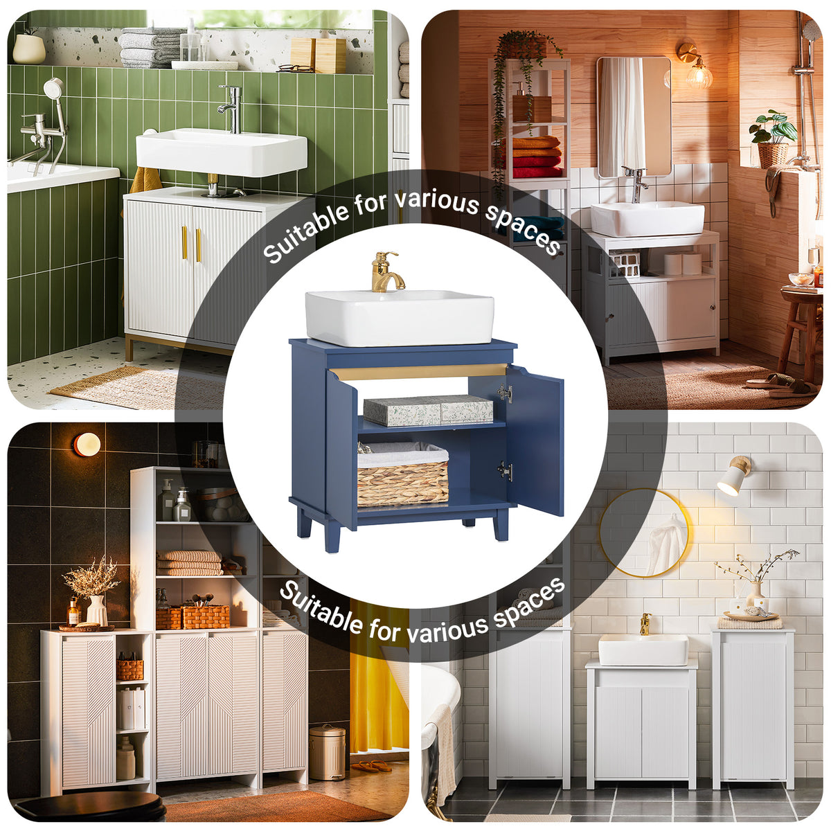 SoBuy BZR113-B, Under Sink Bathroom Cabinet – Bathroom Cupboard with Doors, Slim Storage Unit for Small Spaces in Wood, Blue, 60 x 59 x 30 cm
