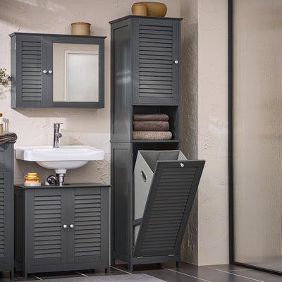 Slim grey freestanding bathroom storage unit with shelves in laundry room setting