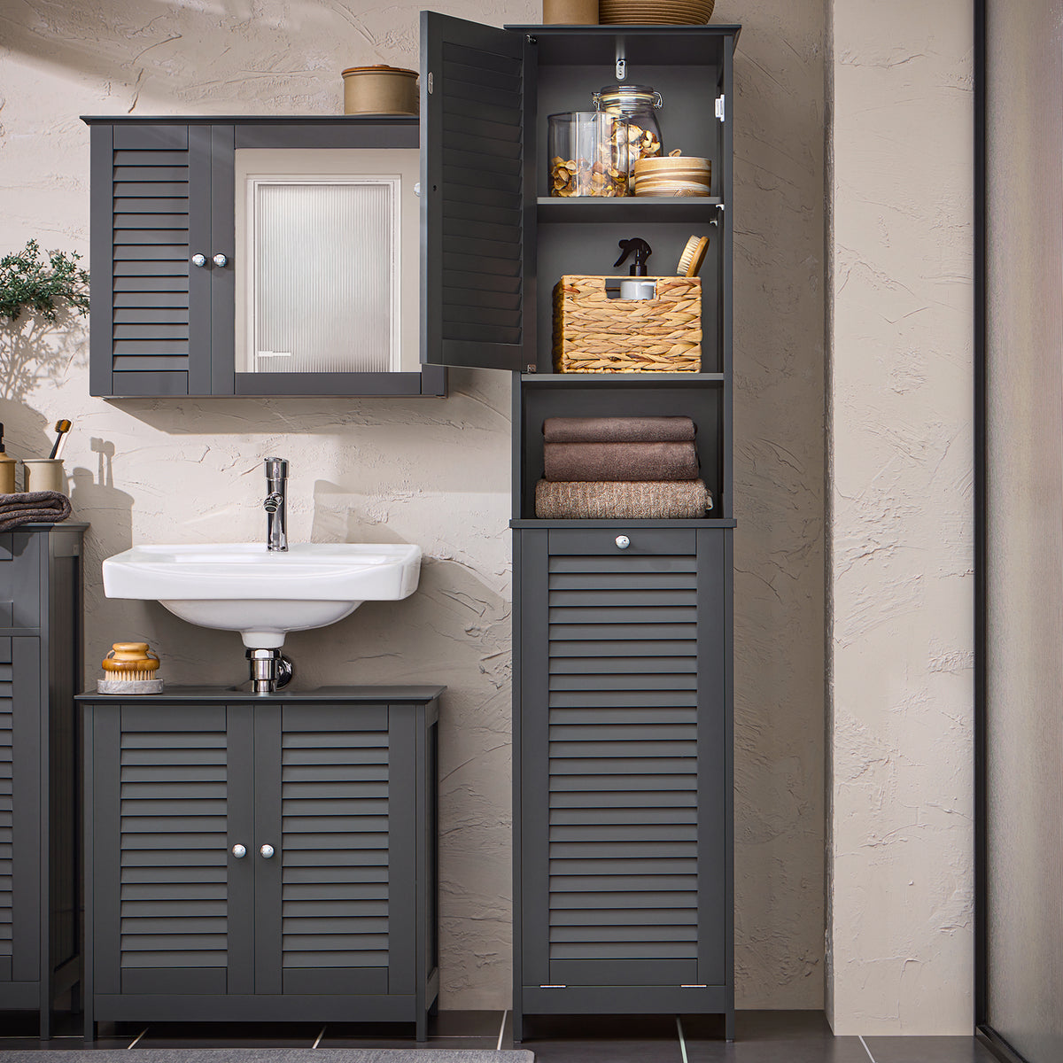 SoBuy BZR124-DG tall bathroom cabinet in modern grey bathroom scene