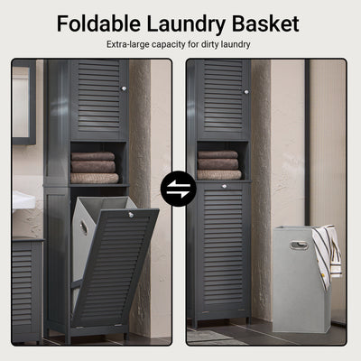 Tall grey bathroom storage unit open shelves and concealed laundry basket A+ image