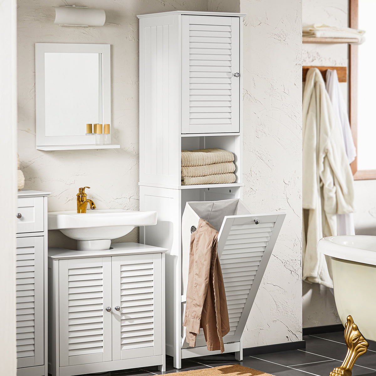 SoBuy BZR124-W, Bathroom Tall Cabinet Cupboard Storage Cabinet with Laundry Basket, White