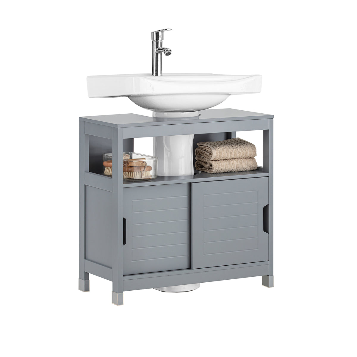 SoBuy FRG128-II-SG, Under Sink Bathroom Cabinet with Sliding Doors, Slim Bathroom Storage Unit for Small Spaces, Toilet Sink Cupboard Organizer, Floor Cabinet for Bathroom Basin, Grey, 60x30x61cm