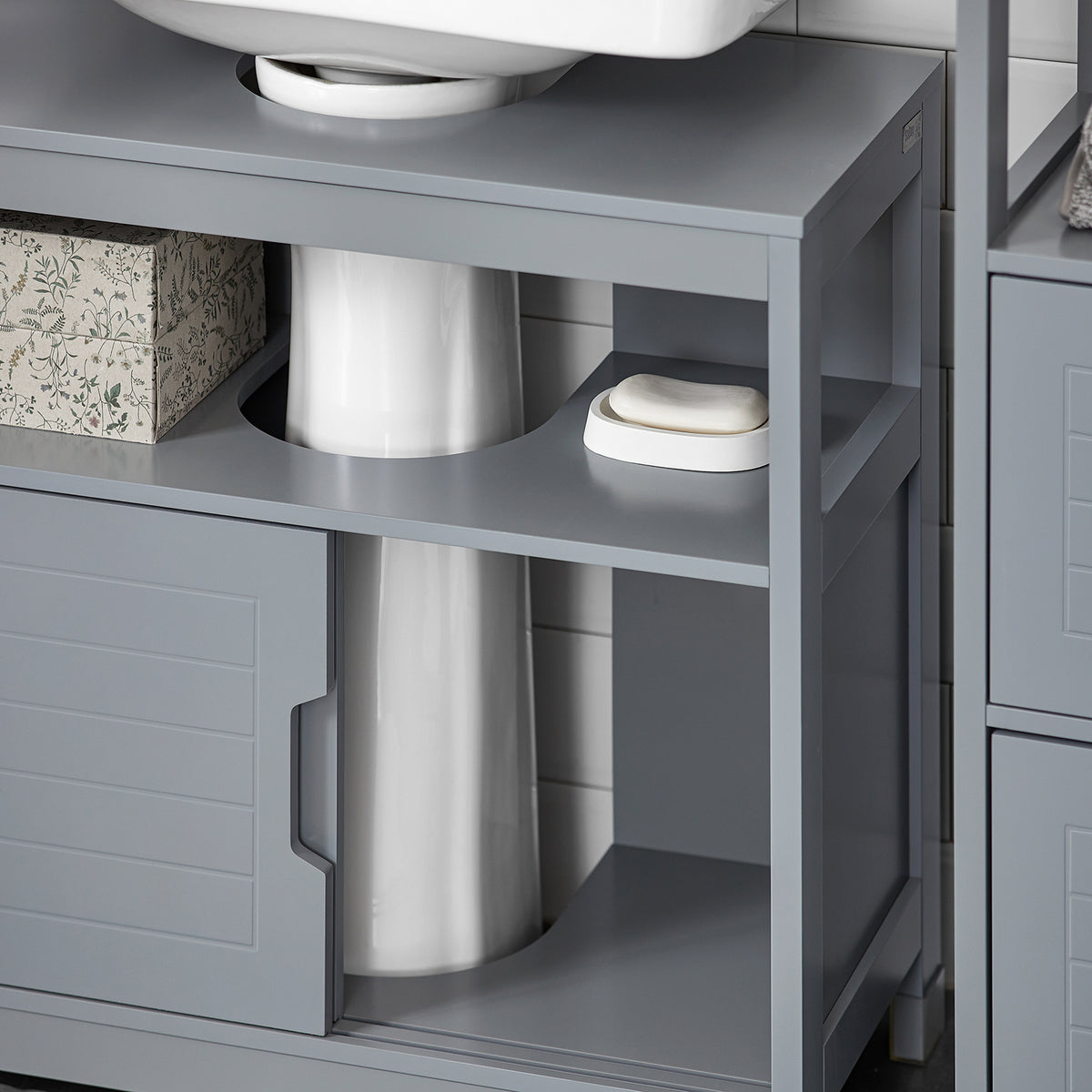 SoBuy FRG128-II-SG, Under Sink Bathroom Cabinet with Sliding Doors, Slim Bathroom Storage Unit for Small Spaces, Toilet Sink Cupboard Organizer, Floor Cabinet for Bathroom Basin, Grey, 60x30x61cm