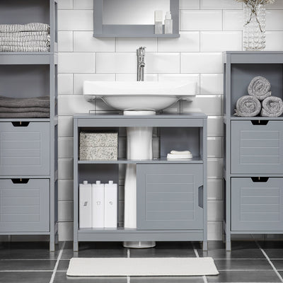 SoBuy FRG128-II-SG, Under Sink Bathroom Cabinet with Sliding Doors, Slim Bathroom Storage Unit for Small Spaces, Toilet Sink Cupboard Organizer, Floor Cabinet for Bathroom Basin, Grey, 60x30x61cm