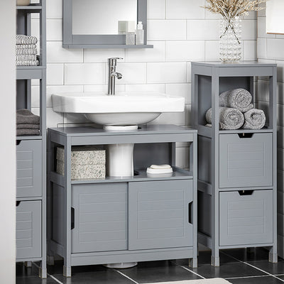 SoBuy FRG128-II-SG, Under Sink Bathroom Cabinet with Sliding Doors, Slim Bathroom Storage Unit for Small Spaces, Toilet Sink Cupboard Organizer, Floor Cabinet for Bathroom Basin, Grey, 60x30x61cm