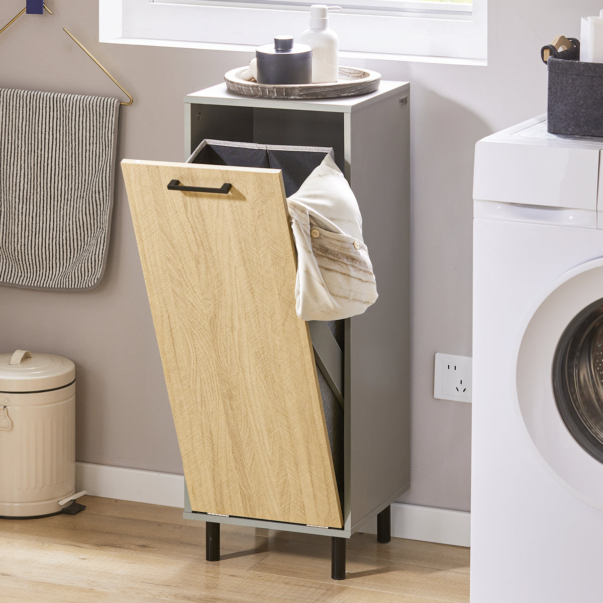 SoBuy BZR132-NG, Laundry Cabinet Laundry Chest Bathroom Cabinet Storage Cabinet with Laundry Basket, Wood