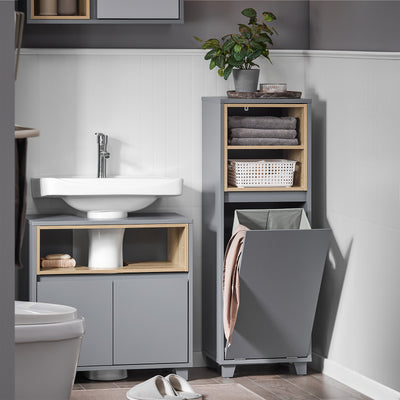 SoBuy BZR146-DG, Laundry Cabinet Laundry Chest Bathroom Storage Cabinet with Laundry Basket, Grey