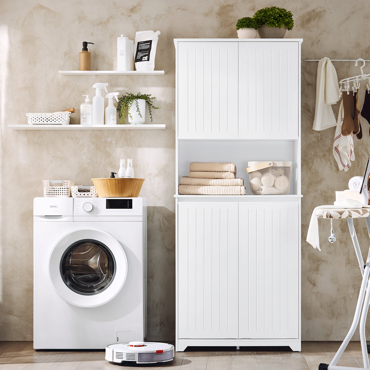 SoBuy BZR150-W, Tall Bathroom Storage Cabinet with Laundry Basket Slim Freestanding Bathroom Unit with 2 Doors, Open Shelf & Removable Fabric Baskets White Furniture for Towel Storage & Laundry