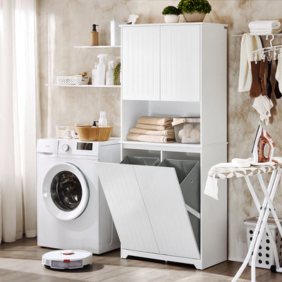 SoBuy BZR150-W, Tall Bathroom Storage Cabinet with Laundry Basket Slim Freestanding Bathroom Unit with 2 Doors, Open Shelf & Removable Fabric Baskets White Furniture for Towel Storage & Laundry