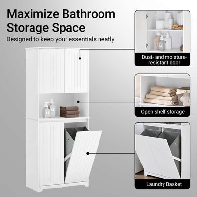 SoBuy BZR150-W, Tall Bathroom Storage Cabinet with Laundry Basket Slim Freestanding Bathroom Unit with 2 Doors, Open Shelf & Removable Fabric Baskets White Furniture for Towel Storage & Laundry