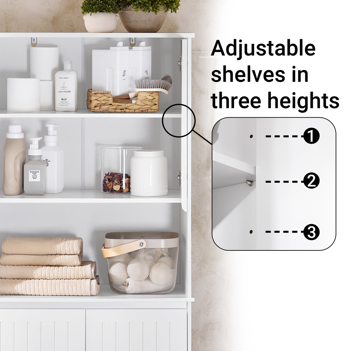 SoBuy BZR150-W, Tall Bathroom Storage Cabinet with Laundry Basket Slim Freestanding Bathroom Unit with 2 Doors, Open Shelf & Removable Fabric Baskets White Furniture for Towel Storage & Laundry