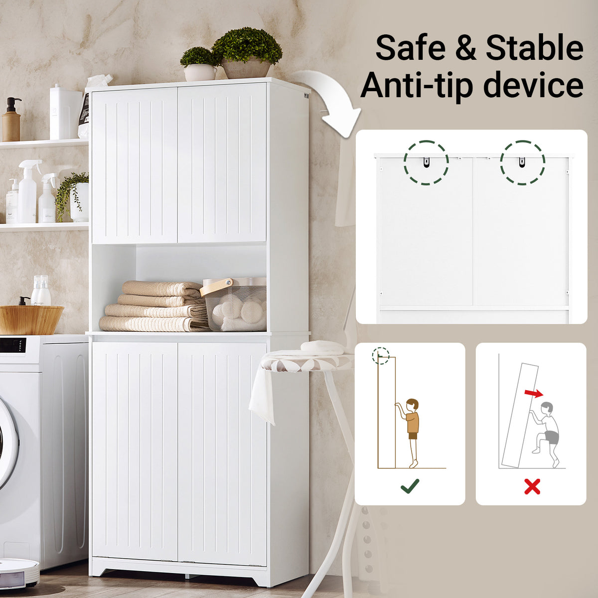 SoBuy BZR150-W, Tall Bathroom Storage Cabinet with Laundry Basket Slim Freestanding Bathroom Unit with 2 Doors, Open Shelf & Removable Fabric Baskets White Furniture for Towel Storage & Laundry