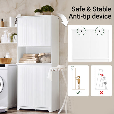 SoBuy BZR150-W, Tall Bathroom Storage Cabinet with Laundry Basket Slim Freestanding Bathroom Unit with 2 Doors, Open Shelf & Removable Fabric Baskets White Furniture for Towel Storage & Laundry