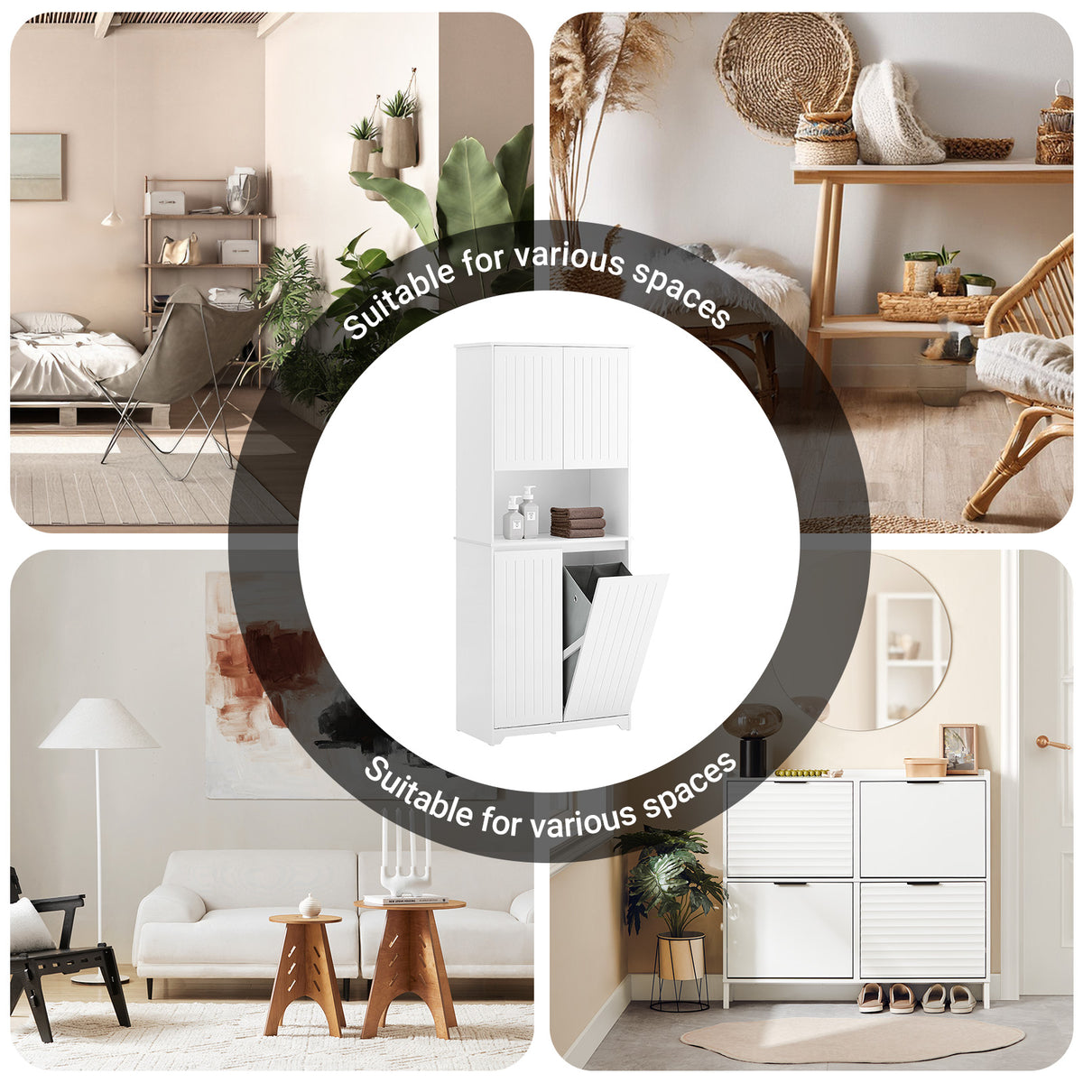 SoBuy BZR150-W, Tall Bathroom Storage Cabinet with Laundry Basket Slim Freestanding Bathroom Unit with 2 Doors, Open Shelf & Removable Fabric Baskets White Furniture for Towel Storage & Laundry