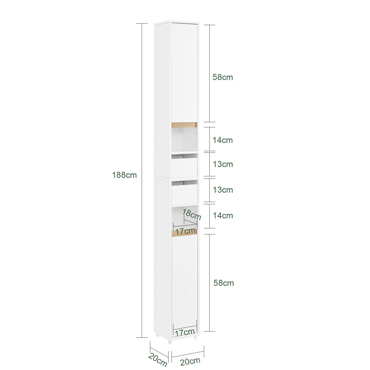 SoBuy BZR151-W, Bathroom Cabinet for Narrow Spaces - Slim Bathroom Storage Unit with Adjustable Shelves and Drawers, Free-Standing Storage Cupboard for Living Room, Entrance, White, 20 x 20 x 96 cm