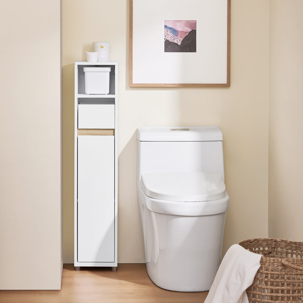 SoBuy BZR151-W, Bathroom Cabinet for Narrow Spaces - Slim Bathroom Storage Unit with Adjustable Shelves and Drawers, Free-Standing Storage Cupboard for Living Room, Entrance, White, 20 x 20 x 96 cm