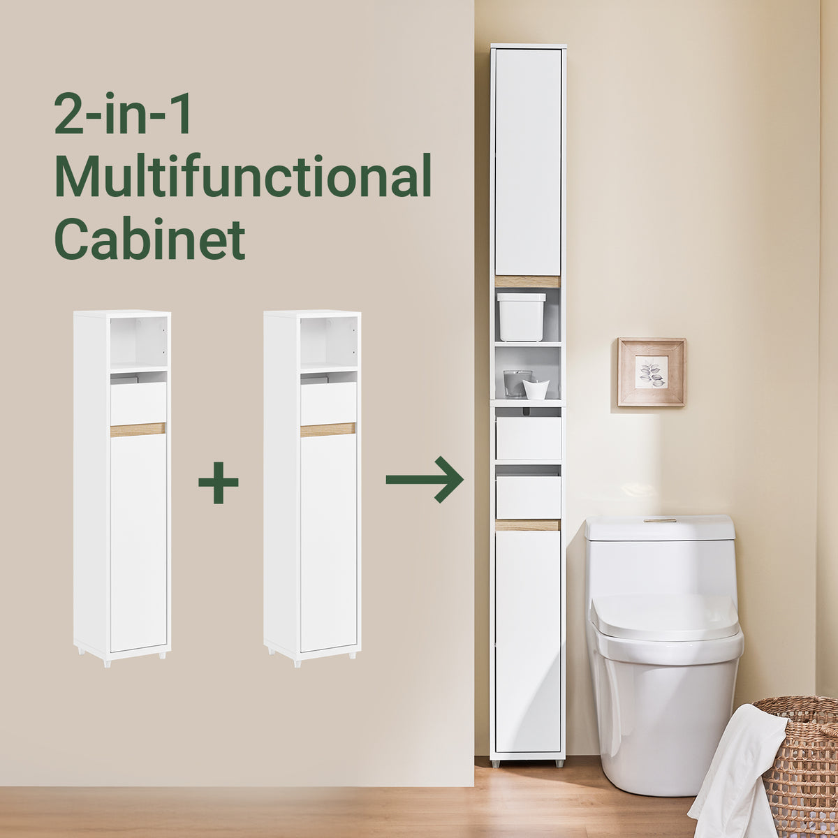SoBuy BZR151-W, Bathroom Cabinet for Narrow Spaces - Slim Bathroom Storage Unit with Adjustable Shelves and Drawers, Free-Standing Storage Cupboard for Living Room, Entrance, White, 20 x 20 x 96 cm