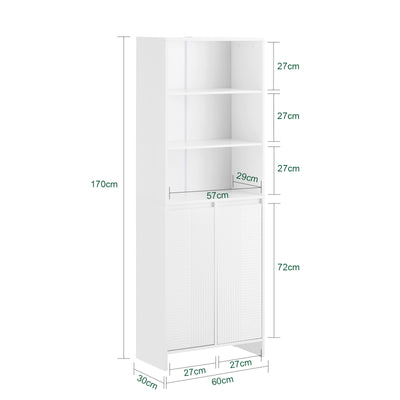 SoBuy BZR155-W, Tall Bathroom Storage Cabinet with Laundry Basket – Slim Free Standing Bathroom Unit with Doors & Open Shelves, White 60x30x171cm