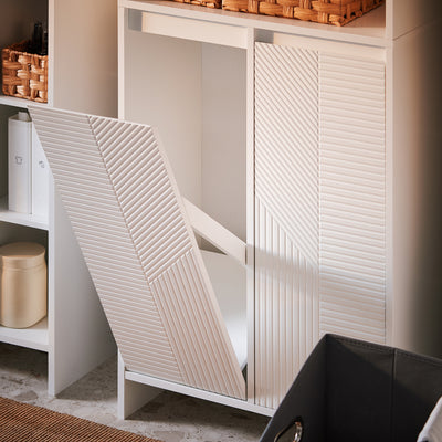 SoBuy BZR155-W, Tall Bathroom Storage Cabinet with Laundry Basket – Slim Free Standing Bathroom Unit with Doors & Open Shelves, White 60x30x171cm