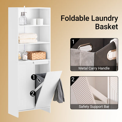 SoBuy BZR155-W, Tall Bathroom Storage Cabinet with Laundry Basket – Slim Free Standing Bathroom Unit with Doors & Open Shelves, White 60x30x171cm