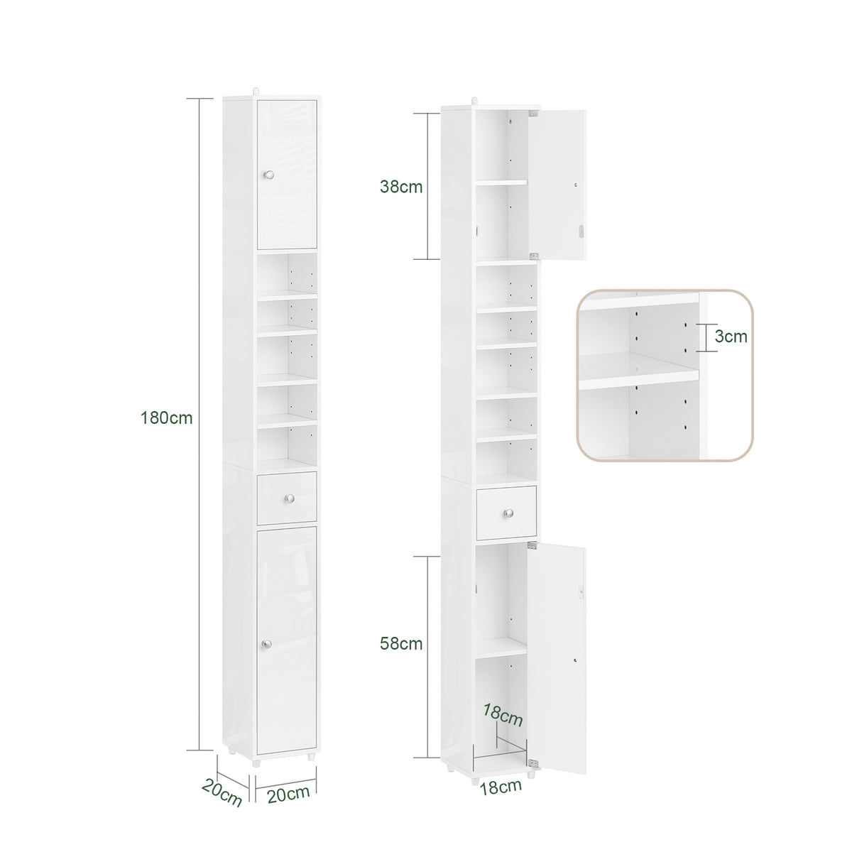 Pre-sale SoBuy BZR167-GW, Tall Bathroom Storage Cabinet Freestanding Slim Narrow Storage Unit with 6 Adjustable Shelves Gloss White Finish Modern Bathroom Furniture for Toilet Sink or Laundry Room 20x20x180cm