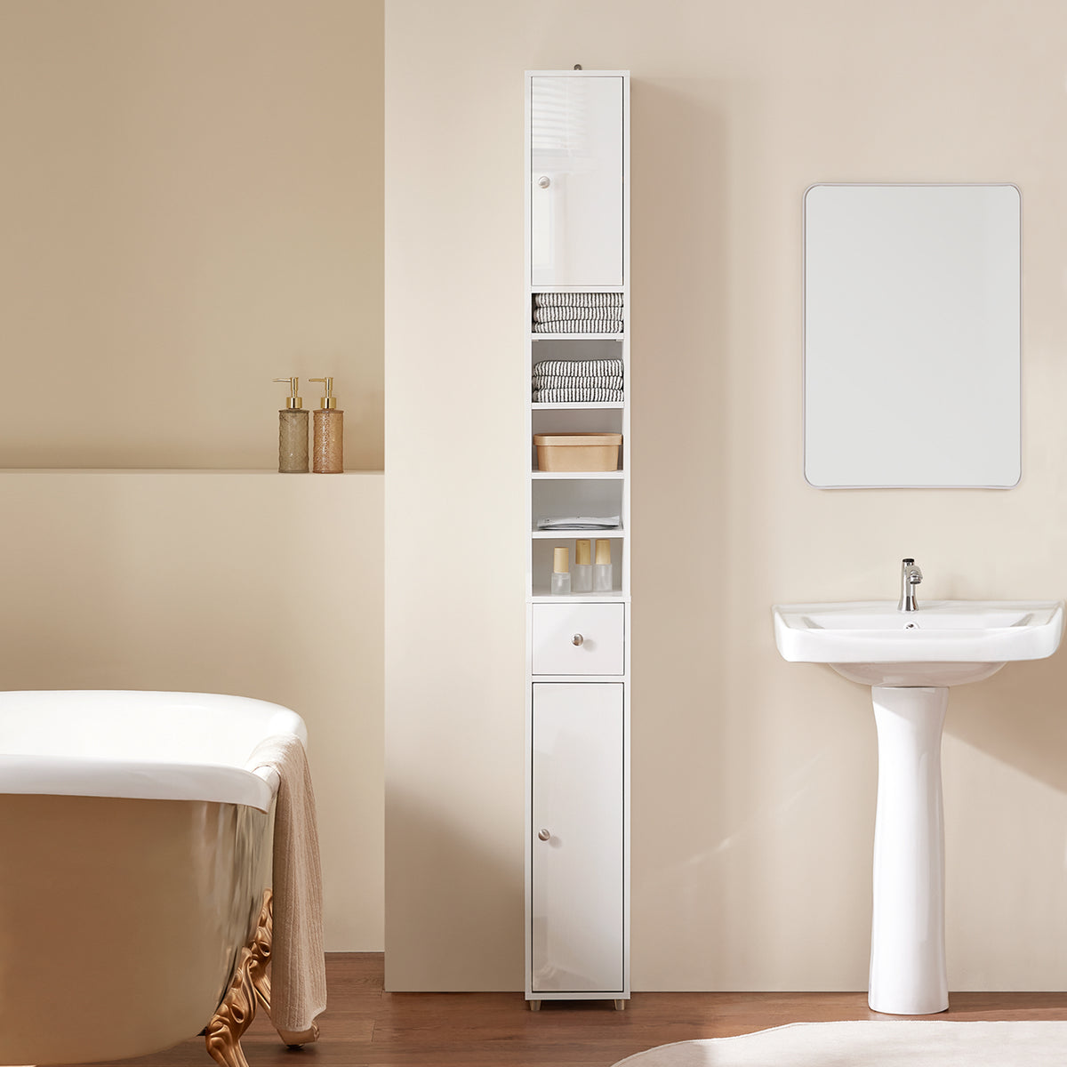 Pre-sale SoBuy BZR167-GW, Tall Bathroom Storage Cabinet Freestanding Slim Narrow Storage Unit with 6 Adjustable Shelves Gloss White Finish Modern Bathroom Furniture for Toilet Sink or Laundry Room 20x20x180cm