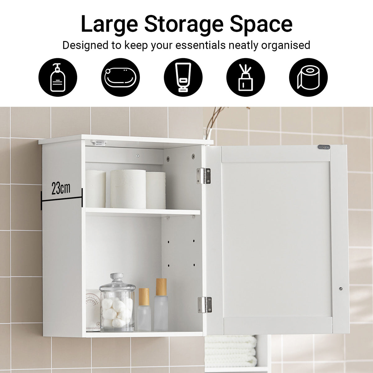 SoBuy BZR19-W wall mounted bathroom cabinet overview – white MDF with door and adjustable shelves