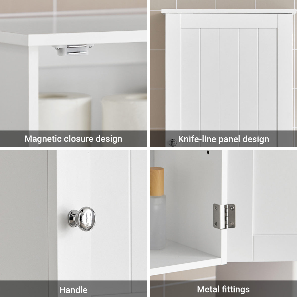 SoBuy BZR19-W white bathroom cabinet door detail – magnetic closure and dual handle set black and silver